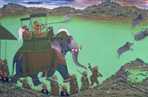 Maharana Sarup Singh di Udaipur che caccia cinghiali da dorso di elefante, Rajasthan, 1855